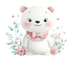 Obraz premium Cute adorable happy smiling cartoon polar bear illustration with pink ruffle