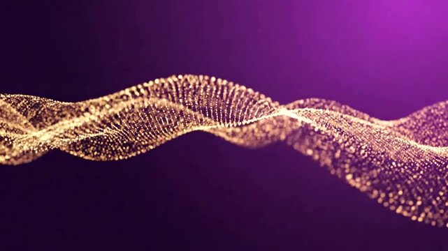 A shimmering wave of gold particles floats across a gradient purple background - Powered by Adobe