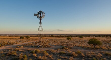 Classic Outback Windmill Standing Tall in a Vast Arid Landscape at Sunset.