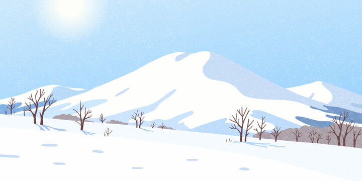 Illustrations of winter snow-capped mountains: snow-covered peaks, bare trees, and a clear blue sky. Winter snow scene poster