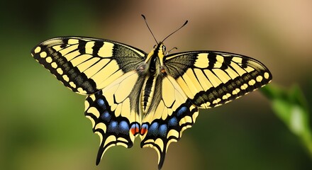 Close up of a beautiful yellow butterfly with black markings and blue spots on its wings.