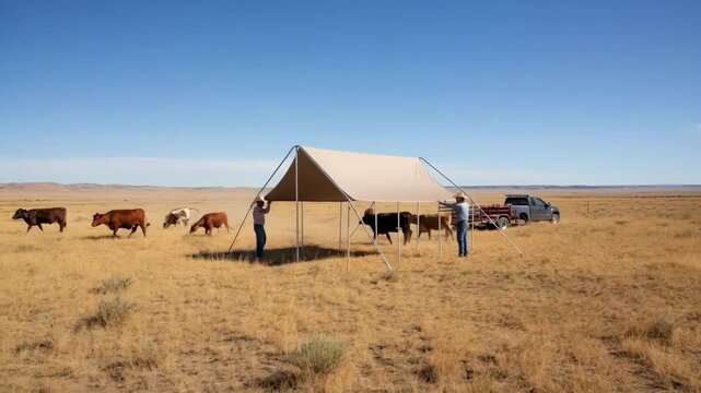 Portable cattle shade tent being set up in a remote grazing location providing flexible and temporary shelter against harsh sun exposure.