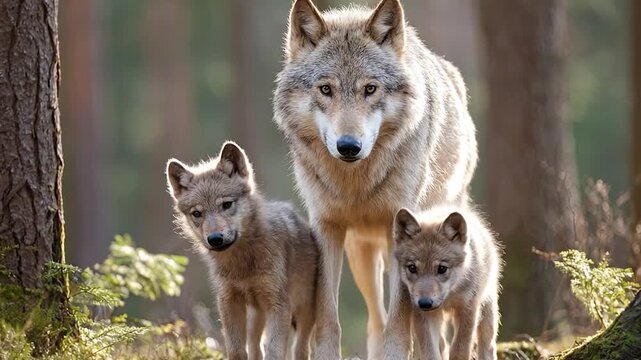 Gray wolf adult with two young pups standing in sunlit forest