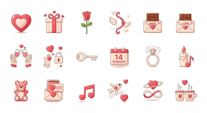 Collection of Valentine's Day themed icons including heart, rose, gift, ring, envelope, and other romantic elements.