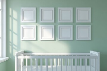 Nursery room with crib and empty picture frames
