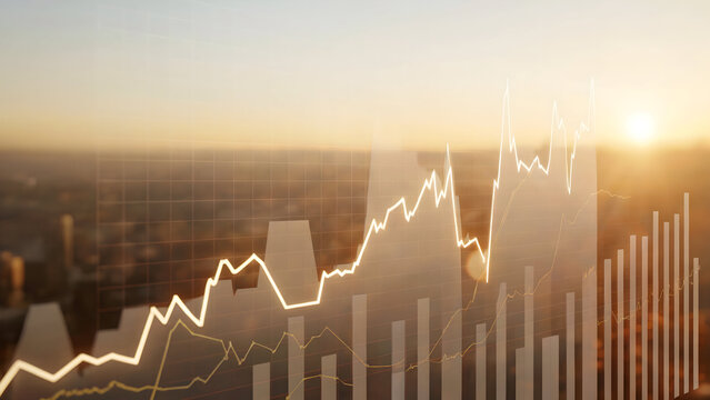 Financial data chart overlay showing market growth and success against a blurred golden cityscape background at sunrise.