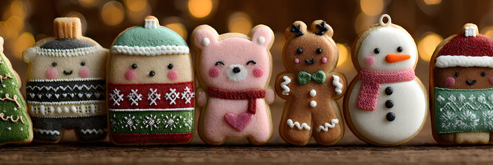 Obraz premium Image of cute cookies and other Christmas ornaments lined up.
