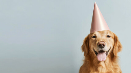Happy dog in a party hat celebrating with family and friends
