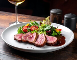 Sliced grilled meat served with vibrant salad on a white plate