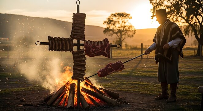 Gaucho Cooking Meat Over Open Fire at Sunset.