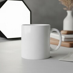 Obraz premium White coffee mug on desk with lamp