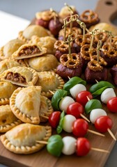 Assorted Party Appetizer Platter with Sweet Empanadas, Pretzel-Topped Sausages, and Fresh Caprese Skewers