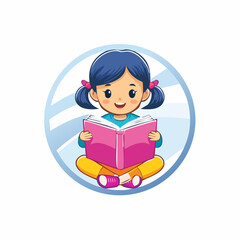 Animated illustration of a cheerful young girl engrossed in reading a pink book