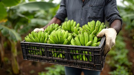 An agricultural worker carries a crate full of unripe green bananas in a field on a sunny day outside.