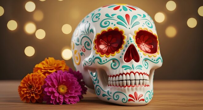 Mexican Dia de Muertos sugar skull, vibrant calavera with intricate patterns, colorful flowers, and festive bokeh lights, celebrating tradition.