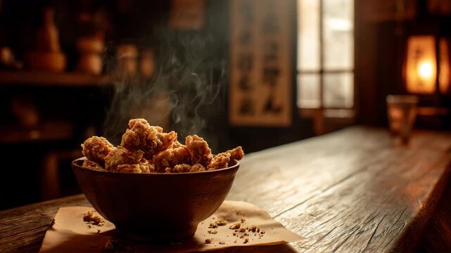 居酒屋の木のカウンターで揚げたてのから揚げが湯気を上げる夜の一皿