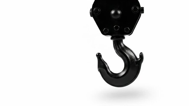 A sturdy black metal hoist hook suspended against a white background casting a soft shadow below