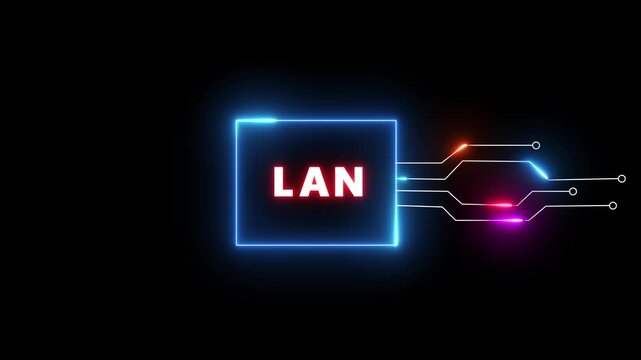 Neon LAN- text animation on black background. Glowing neon text. Neon text letter animation.