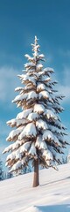 A single pine tree heavily laden with snow, standing strong against a crisp winter sky,  landscape,  snow