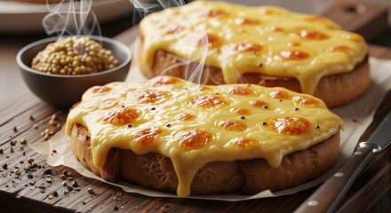 Steaming hot grilled cheese toast slices with melted golden cheese and crispy brown spots served on a rustic wooden board with spices and a side dish.