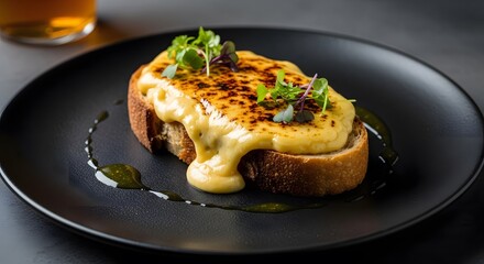Gourmet Toasted Bread with Creamy Caramelized Cheese Sauce, Garnished with Fresh Microgreens on a Black Plate