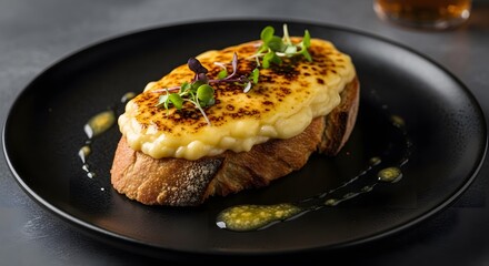 Gourmet Melted Cheese Toast with Golden Brown Top and Fresh Microgreens on a Black Plate