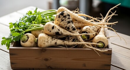 Freshly Harvested Parsnips and Green Herbs in a Wooden Crate on a Rustic Table.
