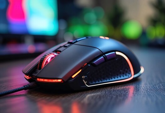 RGB gaming mouse with programmable buttons and neon lights on dark desk, colorful bokeh background, modern esports peripheral close up product photo - Powered by Adobe