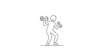 Obraz premium Simple line drawing of a stick figure person exercising with dumbbells, depicting a workout or strength training activity.