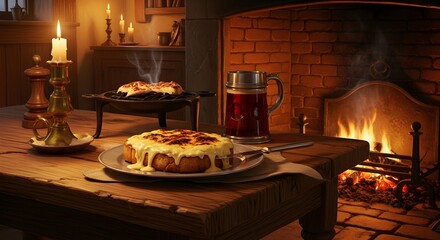 Rustic wooden table set with cheesy baked dish, grilled flatbreads, and a tankard of drink, illuminated by warm candlelight and a roaring fireplace in a cozy interior.