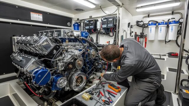 Technician inspecting an engine compartment with tools in hand performing essential maintenance to keep the boat running safely.
