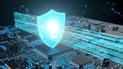 Digital shield with keyhole and binary code overlaying a computer circuit board - Powered by Adobe
