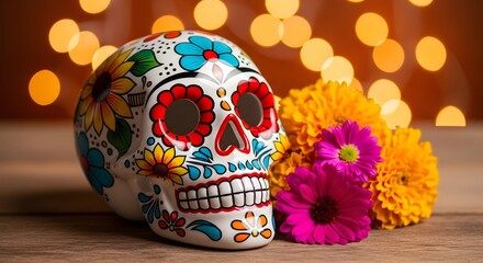 Colorful Sugar Skull (Calavera) with Marigold and Magenta Flowers, Bokeh Lights for Dia de los Muertos Celebration