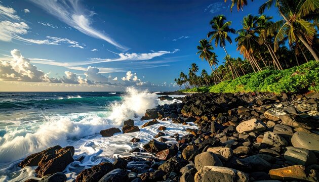 Serene Tropical Island Paradise With Crashing Waves On Rocky Shoreline And Lush Palm Trees Under A Blue Sky With Wispy Clouds During Golden Hour - Powered by Adobe