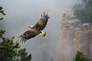 Obraz premium An eagle soaring over misty canyon as the rainstorm clears