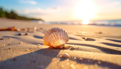 Seashell on Sandy Beach at Golden Hour Sunset with Ocean Waves and Distant Greenery
