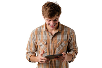 Enthusiastic young man smiling and looking down at a tablet, happy in digital content, isolated on transparent background