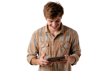 Enthusiastic young man smiling and looking down at a tablet, happy in digital content, isolated on transparent background
