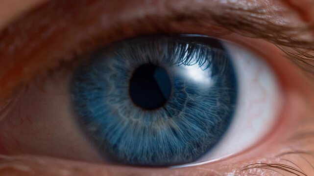 Detailed close-up of a human eye showcasing vibrant blue iris and intricate patterns