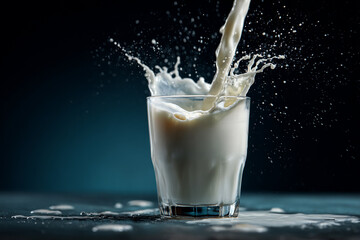 Fresh white milk streams into a clear glass creating an energetic splash with droplets suspended in motion against a dark background