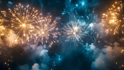 Fototapeta premium Explosion of colorful fireworks lighting up the night sky with clouds