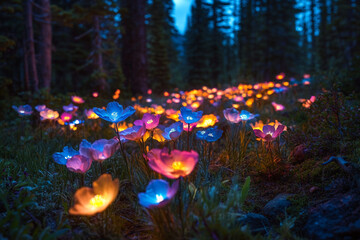 An enchanted forest clearing where alpine flowers bloom in iridescent shades