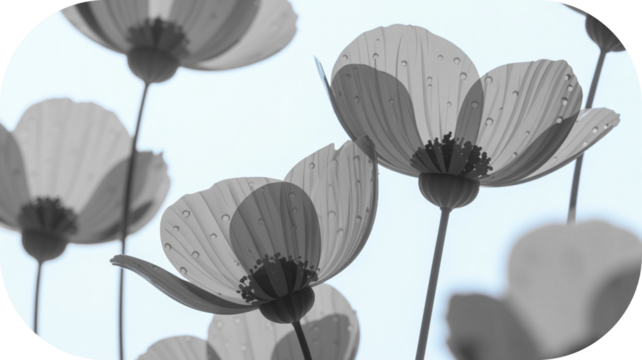 Delicate Translucent Poppy Flowers with Water Droplets Against a Light Sky floral isolated on a transparent background