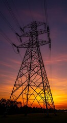 Silhouette of Power Pylon at Sunset with Orange and Purple Sky.