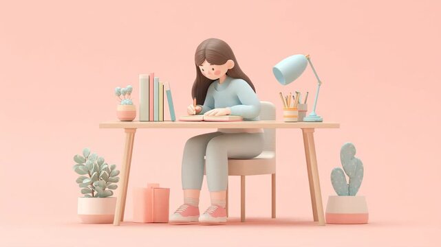 3D avatar of a young woman sitting working at a desk on a pastel background.