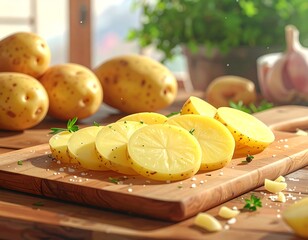 Sliced potatoes arranged on a wooden board with herbs and ingredients