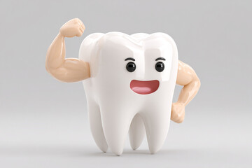 A cheerful white tooth character smiles and flexes strong muscular arms