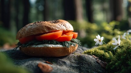 Bagel sandwich with tomato and herbs outdoors
