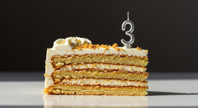 Celebrate a third birthday with a delicious slice of cake and a shiny number three candle, creating a cherished moment
