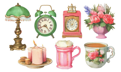 Vintage Decorative Objects with Lamps, Clocks, Flowers, and Candles on Transparent Background